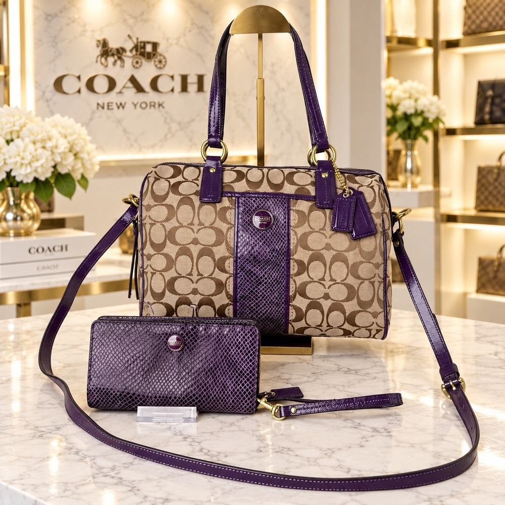 Coach F24884 Signature Stripe Python Snake Zip Satchel & Wallet Set Purple